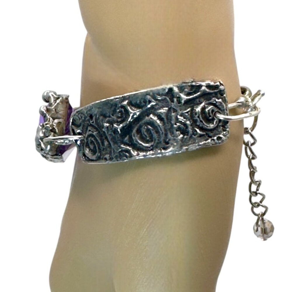 Amethyst Bracelet - Chunky Crystal Intricate Silver Links Adjustable 8" - Picture 13 of 17